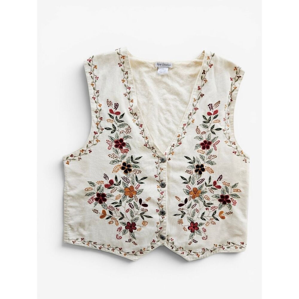 Vintage New Direction Floral Embroidered Ribbed Corduroy Cotton Button Up Vest M - Picture 3 of 12